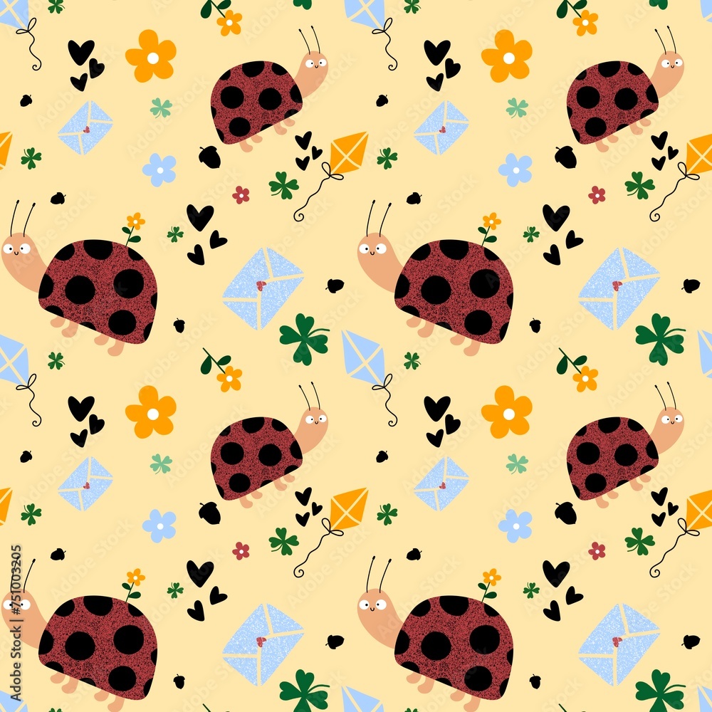 Cartoon animals seamless ladybug and flower and letters pattern for wrapping paper and kids print and party accessories Cartoon animals seamless ladybug and flower and letters pattern for wrapping paper and kids print and party accessories