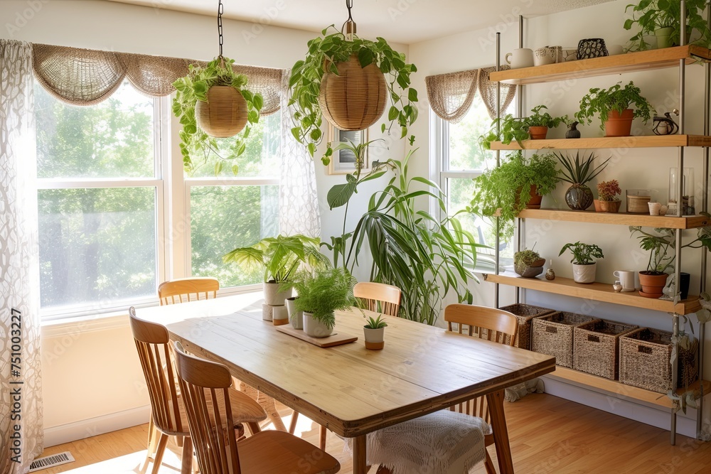 Coastal Cottage Dining Room: Hanging Plants & Bohemian Touches with Light Wood Accents