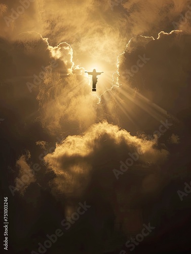 Ascension of Christ. Shining silhouette in the clouds  copy space - generative ai