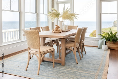 Ocean-Inspired Coastal Cottage Dining Room Ideas Featuring Natural Fiber Rug and Casual Seating with Stunning Ocean Art