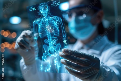 Medicine with futuristic technology. Doctors collaborate with computers, and holograms materialize intricate medical data, symbolizing harmonious future of advanced healthcare digital integration.