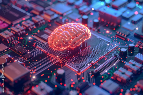Computer Circuit Mainboard With Microchip and Human Brain, Artificial Intelligence Concept