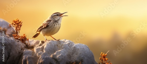 A small bird, likely a Rock Wren, perched on top of a rock, singing a melodic morning serenade in the soft light of dawn.