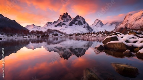 Panoramic view of snowy mountain peaks reflected in water at sunset