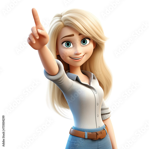 Cute blonde young woman pointing to, 3D render style, isolated on white background cutout.