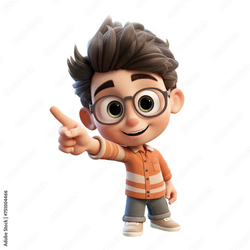 Cute smiling young boy pointing to, 3D render style, isolated on white background cutout.