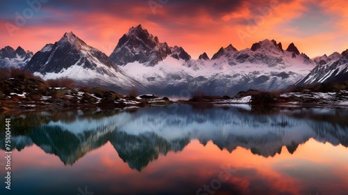 Beautiful panoramic view of snow-capped mountains at sunset #751004441