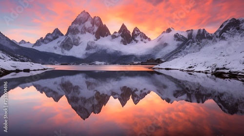 Beautiful panoramic view of snowy mountains reflected in lake at sunset © Iman