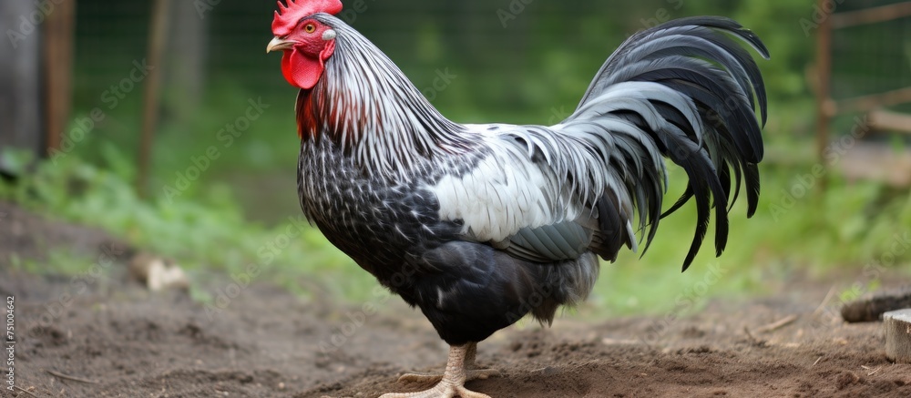 A striking black and white rooster is seen standing proudly on a dusty dirt road, exuding an air of confidence and authority. The rural setting adds to the rustic charm of the scene. - obrazy, fototapety, plakaty 