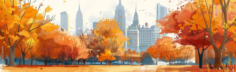 watercolor autumn cityscape with autumn trees Generative AI