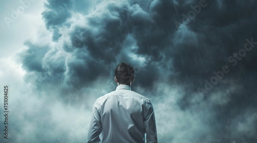 Anxious Businessman with Overbearing Dark Cloud, business attire, suit, stress, copyspace