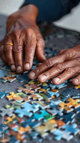 person putting puzzles together on a table