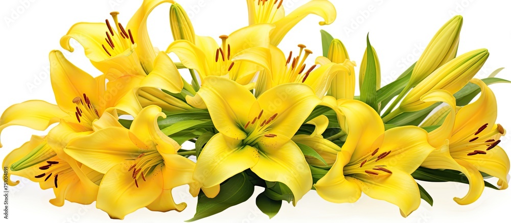 A bouquet of bright yellow lilies stands out against a clean, white background. The lilies are in full bloom, showcasing their intricate petals and vibrant color. A bouquet of bright yellow lilies stands out against a clean, white background. The lilies are in full bloom, showcasing their intricate petals and vibrant color.