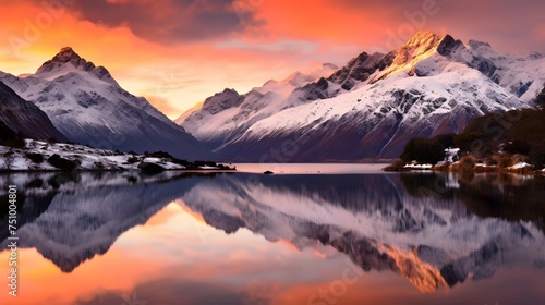 Reflection of mountains and clouds in a lake at sunset, New Zealand