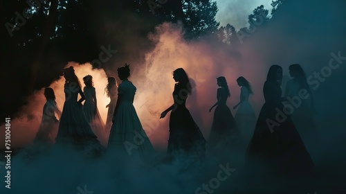 Silhouettes of women in vintage dresses amidst forest mist, creating a mystical ambiance.