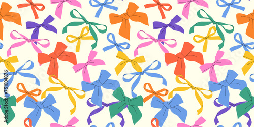 Various colorful contemporary bow knots. Hand-drawn trendy vector illustration. Ribbon. Simple and childish with a bow pattern. Playful and whimsical design. Trendy hair braiding accessory.