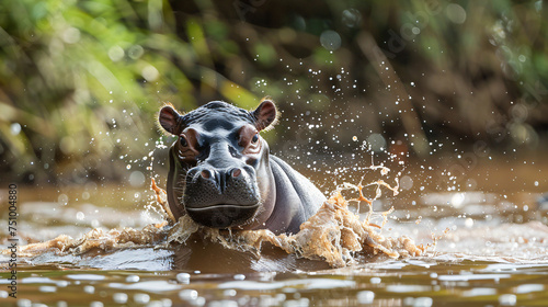 A playful baby hippo splashing in a river