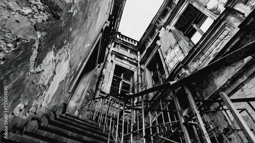 Looking up a derelict staircase in a decaying building  evoking a sense of abandonment.