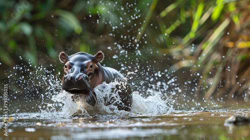 A playful baby hippo splashing in a river photo