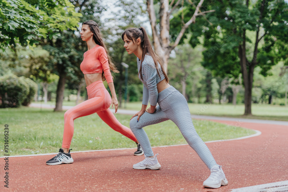 Fototapeta premium Active Young Adults Enjoying Fitness Routine in Urban Park