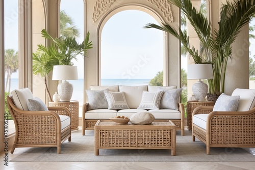 Coastal Living Room: Intricate Tilework Designs, Rattan Furniture, Sunny Window Views