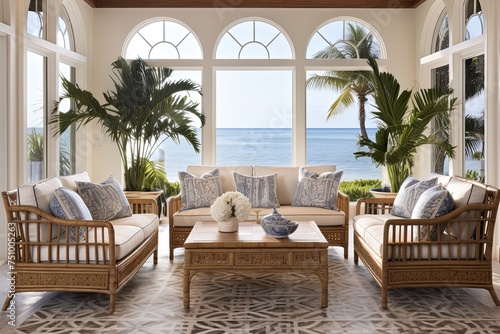 Seaside Charm  Coastal Living Room with Intricate Tilework  Rattan Furniture   Sunny Window Views