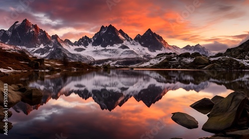 Panoramic view of mountains reflected in a lake at sunrise, Switzerland