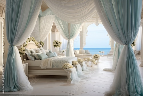 Coastal Mediterranean Room: Fairy-Tale Canopy Beds Draped in Ocean Breeze Light Fabrics