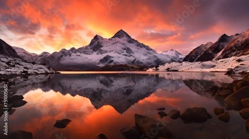 Beautiful panorama of snowy mountains at sunset with reflection in water