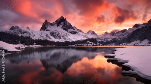 Panoramic view of snow covered mountain peaks reflected in lake at sunset