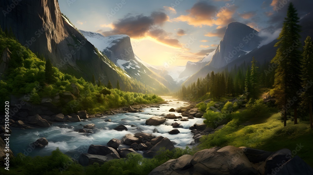 Mountain landscape with a river at sunset. Panoramic view.
