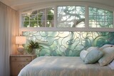 Vintage Glass Panel Coastal Style Bedroom with Clear Glass Windows featuring Wavy Designs