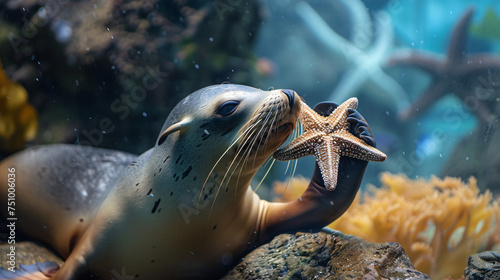 A sea lion playing with a sea star