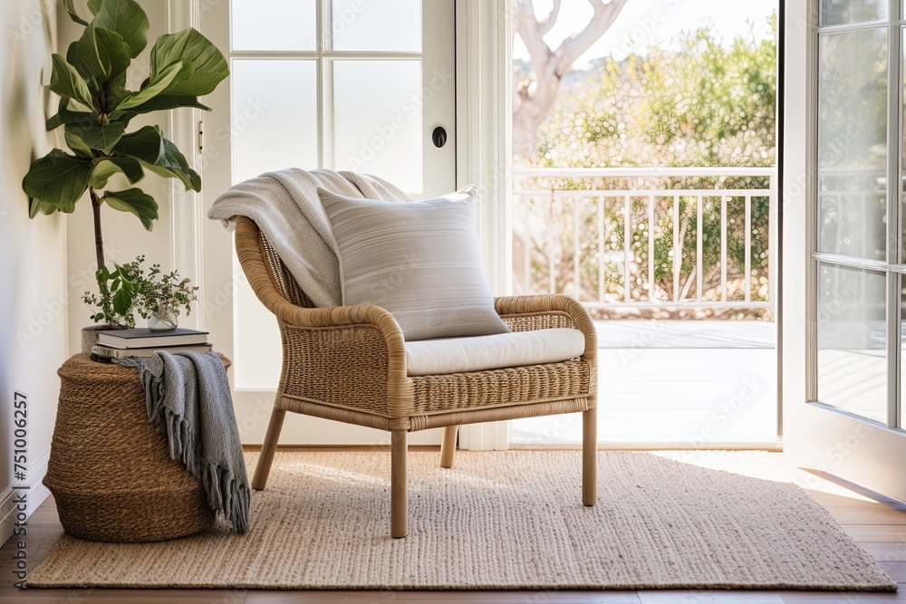 Fototapeta premium Coastal Chic: Earth-Toned Textiles, Rattan Chair, and Sunny Window Corner in a Stylish Home