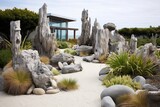 Seaside Serenity: Coastal Style Rock Garden with Sea Views and Stone Sculptures