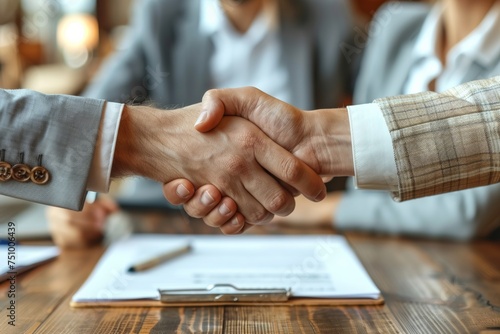 Handshake seals business deal with contract on office desk