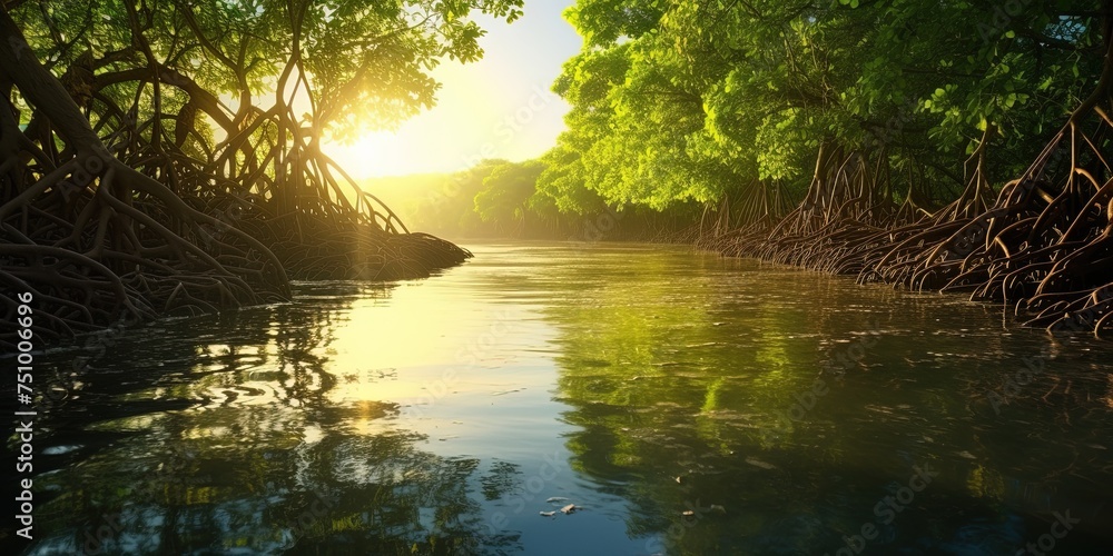 Obraz premium Green mangrove forest with morning sunlight. Mangrove ecosystem. Natural carbon sinks. Mangroves capture CO2 from the atmosphere. Blue carbon ecosystems