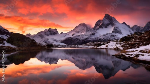 Panoramic view of snowy mountains reflected in the lake at sunset © Iman