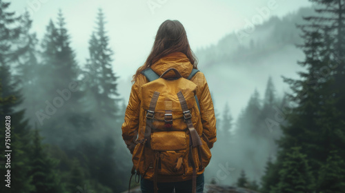 Full body side view of young female traveler with backpack standing in forest with tall coniferous trees on misty day.