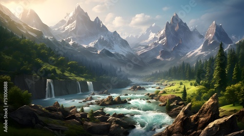 Panoramic view of the waterfall in the mountains at dawn.