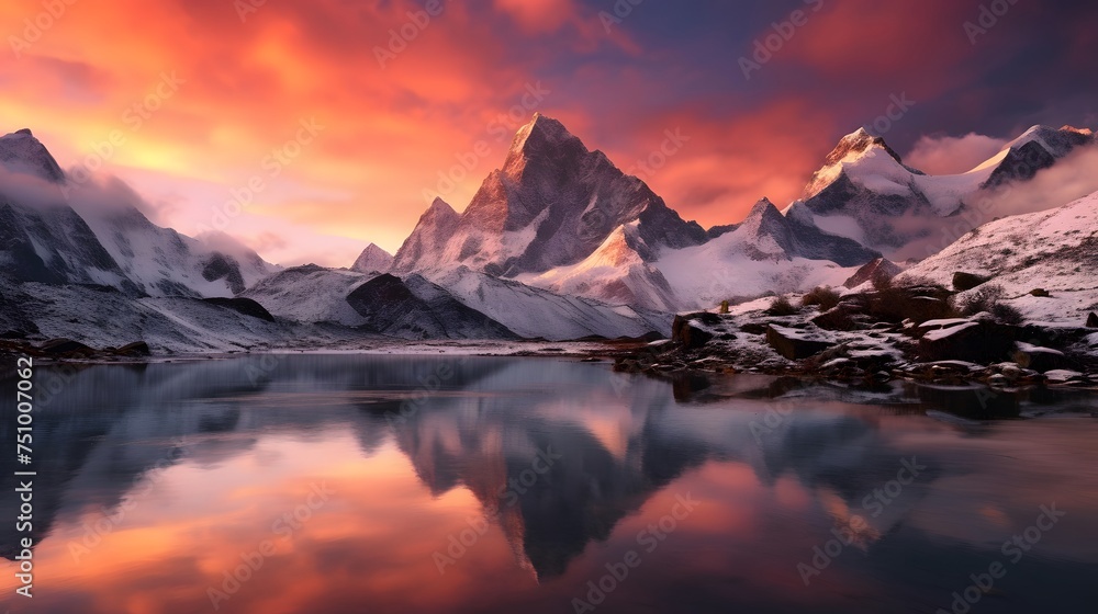 Panoramic view of snow-capped mountain peaks reflected in water