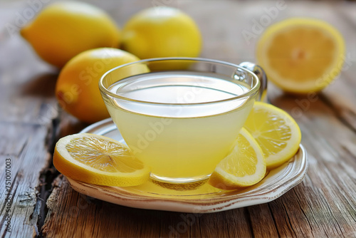 A bowl of lemon juice with fresh lemons on a wooden table, highlighting health and freshness.