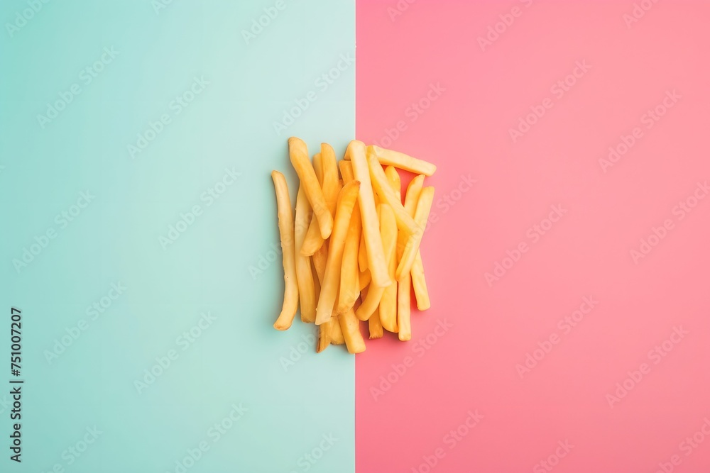 Fries on Pastel Background, simplicity, beloved snack, minimalistic arrangement, classic fast-food - obrazy, fototapety, plakaty 