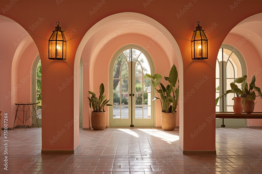 Colorful Lantern Lighting: Chic Villa with Arch Details & Terracotta Flooring