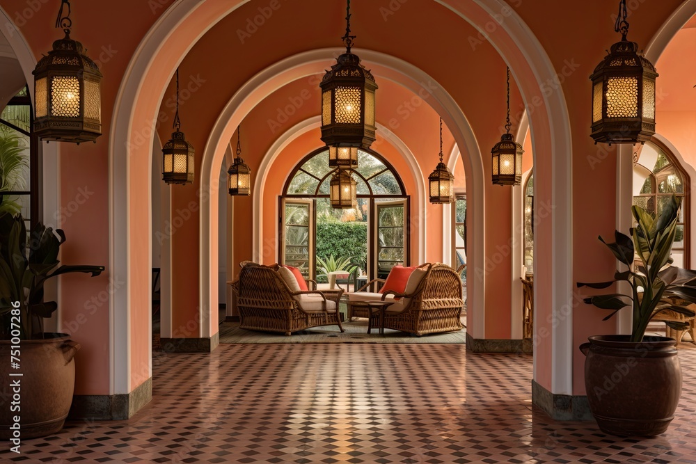 Fototapeta premium Colorful Lantern Lighting and Terracotta Flooring in a Chic Villa with Arch Details