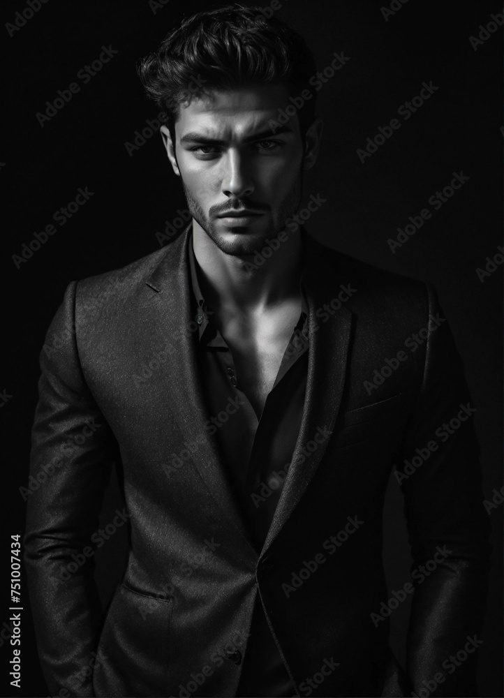 Photo of male model Gonçalo Teixeira, black and white, realistic, portrait, not painted, very detailed faces, skin with pores, 4k, dark suit, black plain background, skin not smoothed, face from left Photo of male model Gonçalo Teixeira, black and white, realistic, portrait, not painted, very detailed faces, skin with pores, 4k, dark suit, black plain background, skin not smoothed, face from left