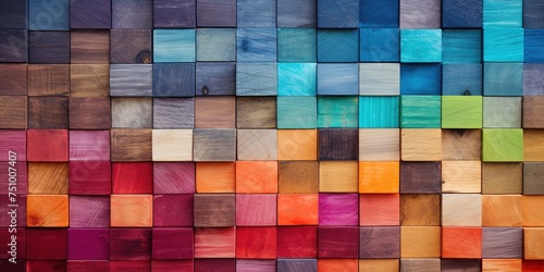 Spectrum of colorful wooden blocks aligned on a rustic old wood table. Japanese Color set. Background or cover for something creative, diverse, and in multiple variations. © Влада Яковенко