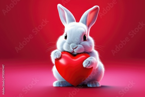 Cute bunny clutching a red heart, Valentine's Day concept, love and wedding celebration theme, greeting card design, contrasted against an isolated red background, vibrant hue saturation © ramses