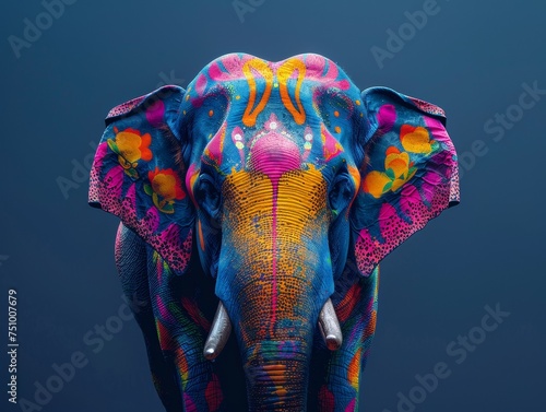 Painted Elephant on Blue Background