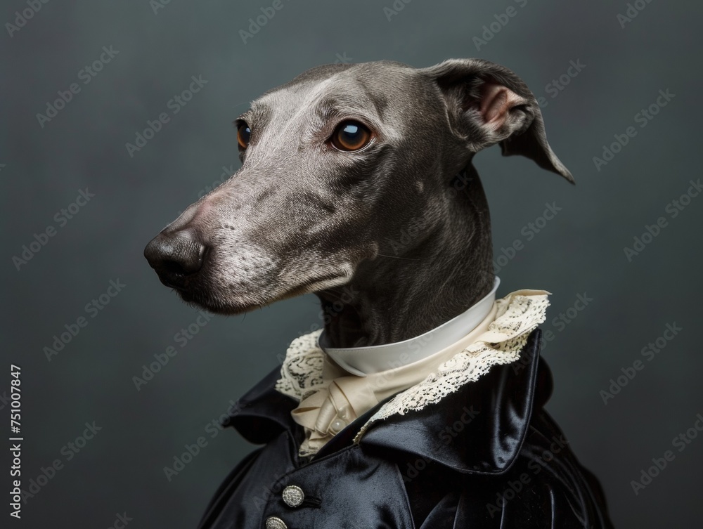 Greyhound in Elegant Attire on Blue Background